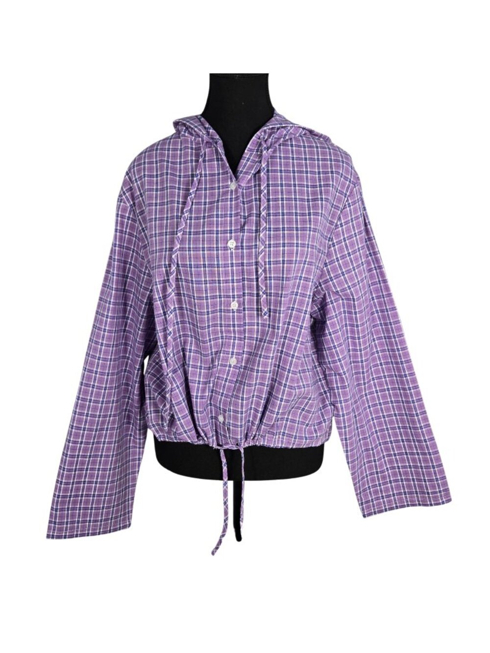 NWT | OLRAIN Purple Plaid Hooded Button-Down Shirt | Drawstring | S